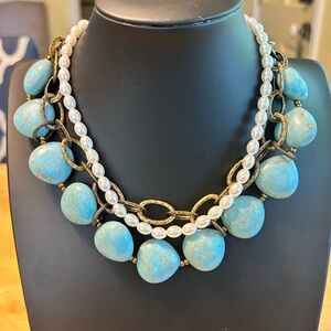 L0027 Premier Designs statement Necklace faux pearl turquoise chain